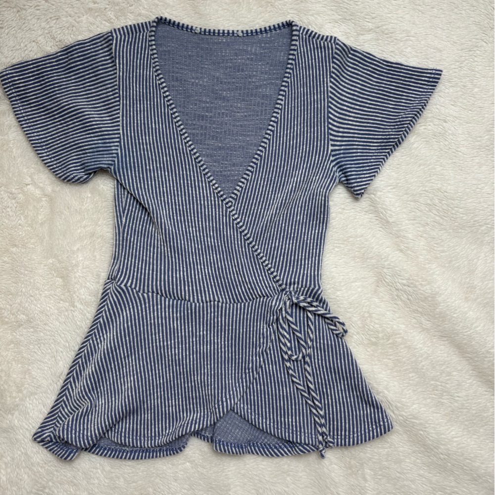 Blue & White Striped Wrap Top
